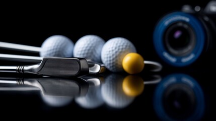 Reflective close-up of golf equipment & camera on a glossy black surface