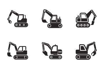 Set of Black and White Excavator Illustrations Various Designs Isolated Heavy Equipment Icon Construction Vehicle Machinery Transportation Building Tool
