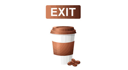 Coffee To Go Sign, Illustration Featuring Exit Symbol, A Caffeine Cup With Beans Beside