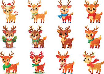 Naklejka premium Cute Christmas Reindeer Cartoon Characters Set on Transparent Background
