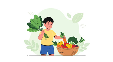 Child Displaying Fresh Harvest Of Vegetables From The Basket Promoting Healthy Eating
