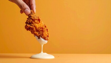 Indulgent moment of dipping a crunchy fried chicken drumstick into a smooth, savory white sauce against a vibrant orange background with copy space