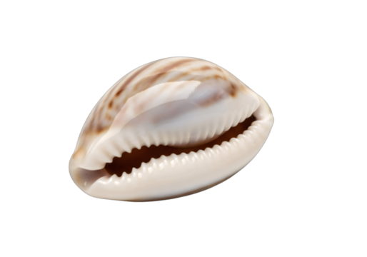 Single tiger cowrie shell, Cypraea tigris, on transparent background with detailed light brown pattern for ocean life.