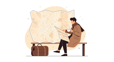 Contemplative Traveler Reviews City Map While Enjoying Hot Beverage and Contemplation