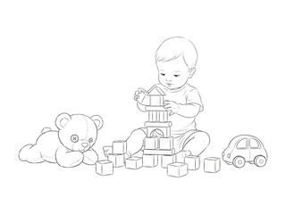 Childhood Delight: A sketch reveals a child engrossed in the joy of play, building a tower of blocks alongside a teddy bear and toy car, showcasing the simple wonders of childhood.