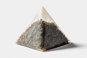 Pyramid tea bag on a white backdrop