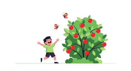 Fototapeta premium Child Joyfully Interacting With Apples And Butterflies In Green, Cute Illustration