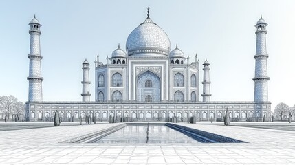 A digitally rendered, monochrome Taj Mahal, serene and detailed