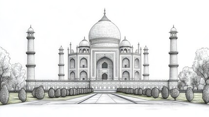 Detailed pencil sketch of the Taj Mahal, showing its architecture and gardens