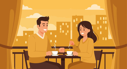 Couple Enjoying Beverages Outside With Cityscape Backdrop And Afternoon Atmosphere