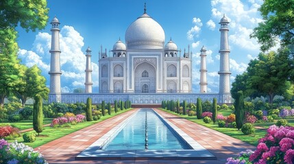 A digitally painted Taj Mahal, serene and vibrant. Lush gardens surround a reflecting pool leading to the iconic white marble mausoleum under a sunny sky