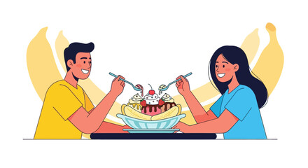Couple Enjoying Delicious Banana Split Together, A Cute Illustration of Sweet Indulgence