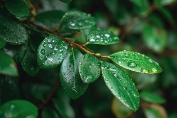 Rain soaked green leaves