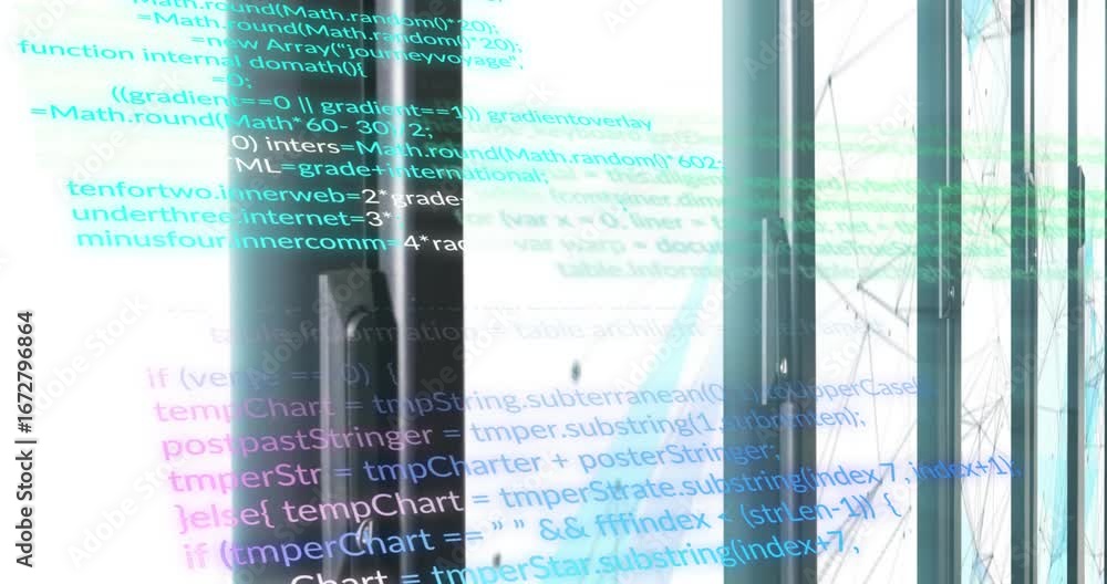 Aufkleber on start code overlay scrolling over window frame and lattice tower, illustrating data flow