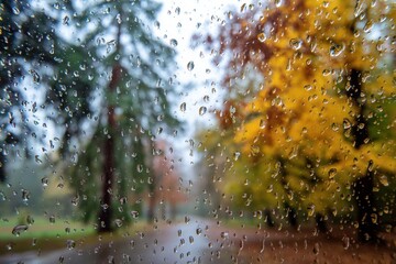Raindrop covered glass reveals autumn park trees in the fog