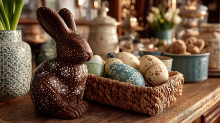 Festive Easter Display. Chocolate Bunny and Patterned Eggs in a Basket. Celebratory Spring Decor.