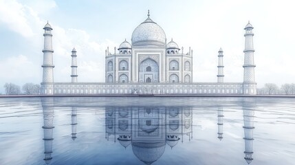 White marble mausoleum reflects on calm water