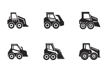 Set of skid steer loader icons in modern glyph style construction and agricultural machinery collection heavy equipment vehicle icons
