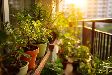 Fototapeta premium Lush Greenery on a Sun-Drenched Balcony Garden