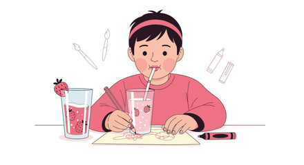 Child's Creative Moment: Drinking Strawberry Juice and Creating Art with Joy and Color