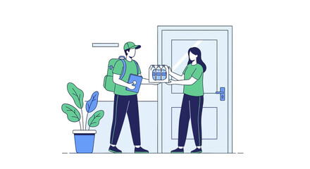 Courier Delivers Bottled Water to a Customer at Their Doorstep in Simple Illustration