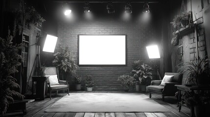 A grayscale interior room, featuring a blank canvas and spotlights