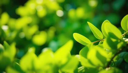 Fresh foliage details illuminated by sunlight, showcasing vibrant green hues and organic patterns in a lush, natural setting