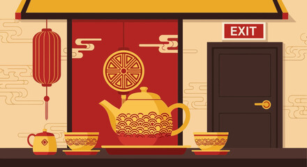 Classic Chinese Tea Ceremony Illustration Depicting Cultural Decorations and Peaceful Environment