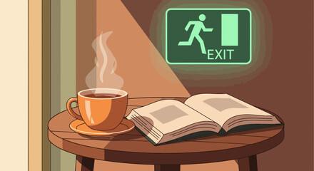 Cozy Corner: A Warm Beverage, Reading Material, And A Glimmering Exit Sign