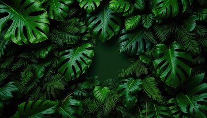 Lush green foliage with monstera and ferns creating a natural frame, perfect for product placement or adding custom text