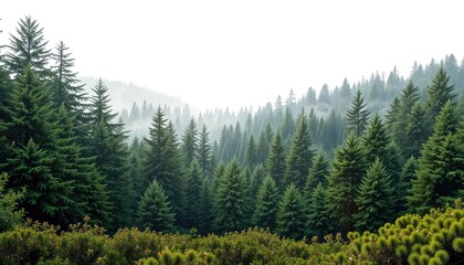 Obraz premium Majestic evergreen trees on a hillside shrouded in mist, creating a serene and peaceful natural scene