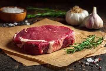 Raw ribeye steak prepared for cooking