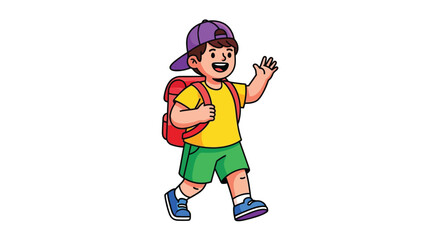 Happy Child Waving with Backpack on His Way to School