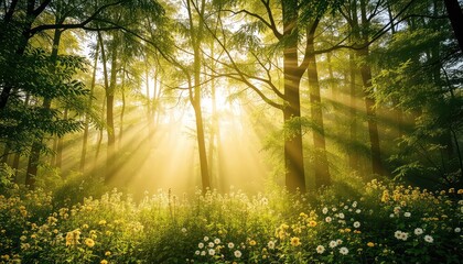Obraz premium Sunlight streams through the trees in a vibrant forest landscape, illuminating wildflowers in an enchanting natural setting