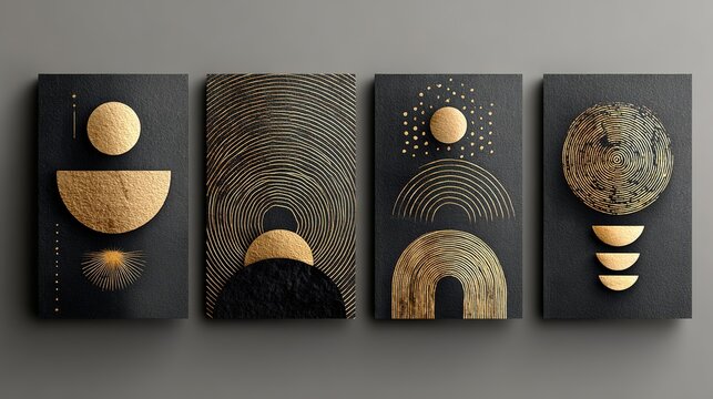 Film and Events Poster Layout Design Set. Abstract Shape Element Graphic Gradient Circle Shape for Book or Magazine Cover. Minimal Elegant Gold Brochure Modern Flyers Template. A5, A4, A3, A6 Sizes.