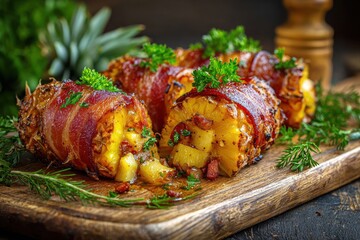 Savory bacon wrapped pineapple stuffed with spicy meat