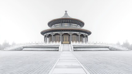 A serene, round temple in a snowy mist
