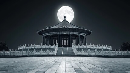 A serene, round Chinese pavilion at night, under a full moon