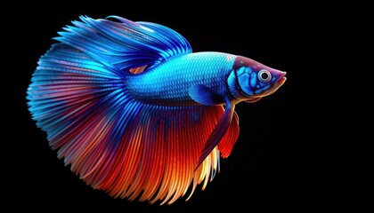 Fototapeta premium Dramatic close-up showcases vibrant colors and flowing fins of a captivating and elegant tropical fish against a dark background