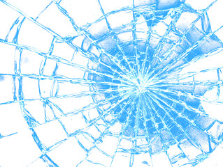 Abstract blue glowing broken glass with radial cracks