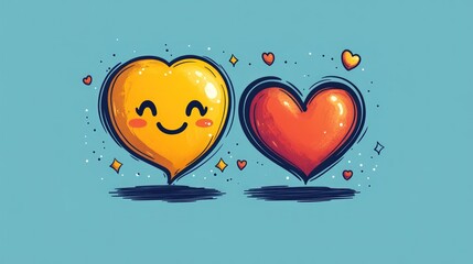 Two cartoon hearts, yellow and red, with happy expressions, sit on a light teal background.  Small hearts and sparkles surround them