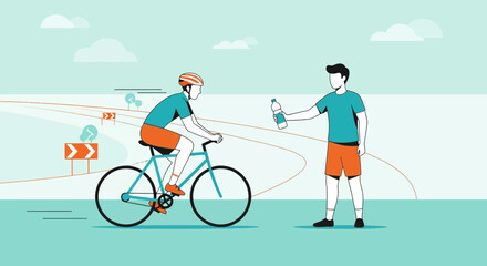 Cyclist Receives Hydration From Supporter During Cycle Race or Training Session