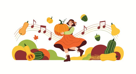 Fototapeta premium Dancing Girl Celebrating Harvest, Autumn Music, Squash, Pumpkin And Fall Decorations All Around