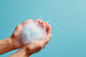 Fototapeta premium Soapy hands on a blue backdrop