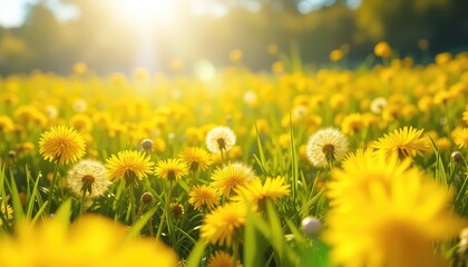Bright field of golden yellow wildflowers and delicate seed heads basking in the sunlight of a beautiful spring day