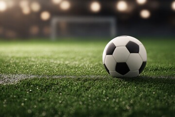 Obraz premium Soccer ball on a football field backdrop with space for text