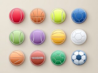 Colorful 3D rendered sports ball icons, vibrant multi-color, athletic game symbols