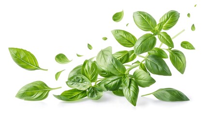 Fresh basil leaves and sprigs isolated on a white background shot