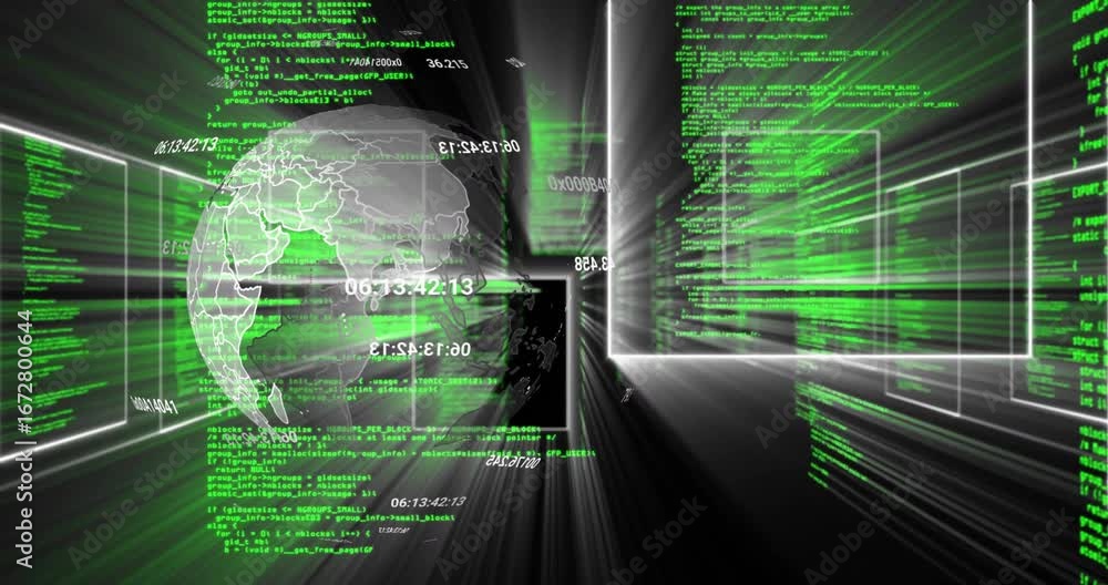 Poster vanishing black square initiating neon code pulsing rotating 3d globe showing data flow in corridor