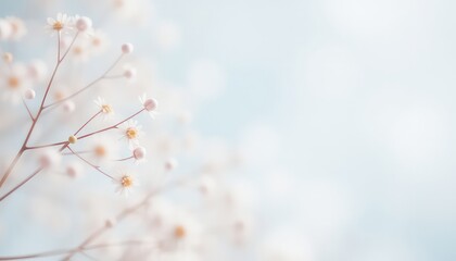 Gentle light catches tiny delicate white flowers, creating a soft, blurred backdrop perfect for peaceful designs